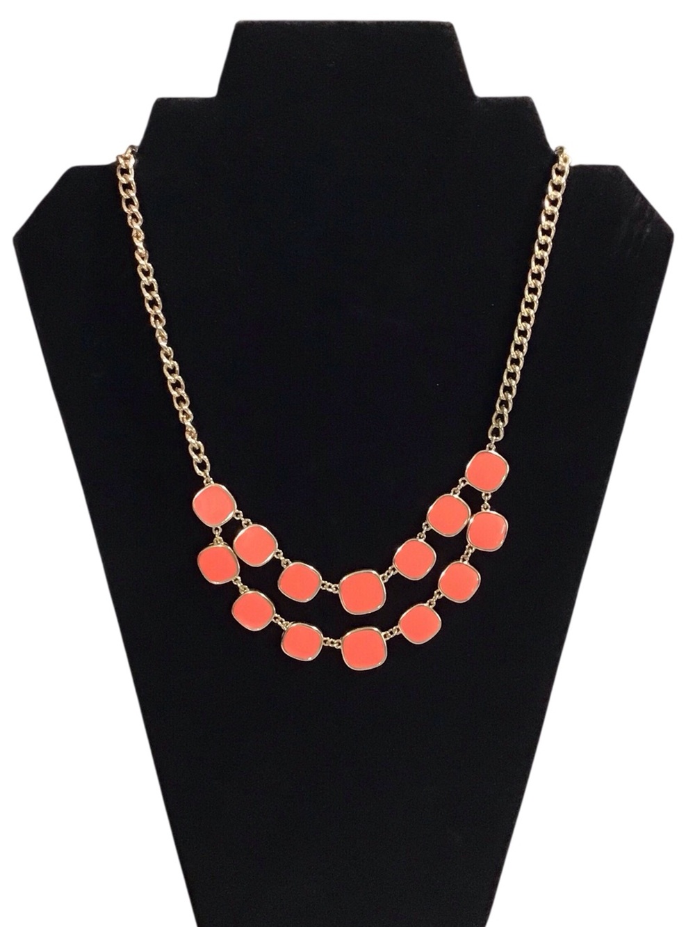 Double Panel Necklace Orange Red Gold Tone Vacation Fashion Jewelry